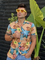 پیراهن آستین کوتاه هاوایی طرح گل صورتی روشن